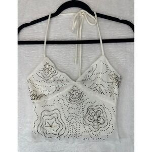 La Peche Halter Top Women XS White Beaded Sequin Mesh Floral V-Neck